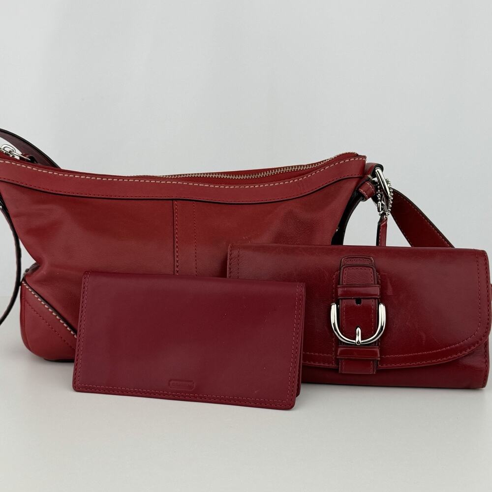y2k Coach Red Leather Shoulder Bag Wallet Checkbook 3pc Set